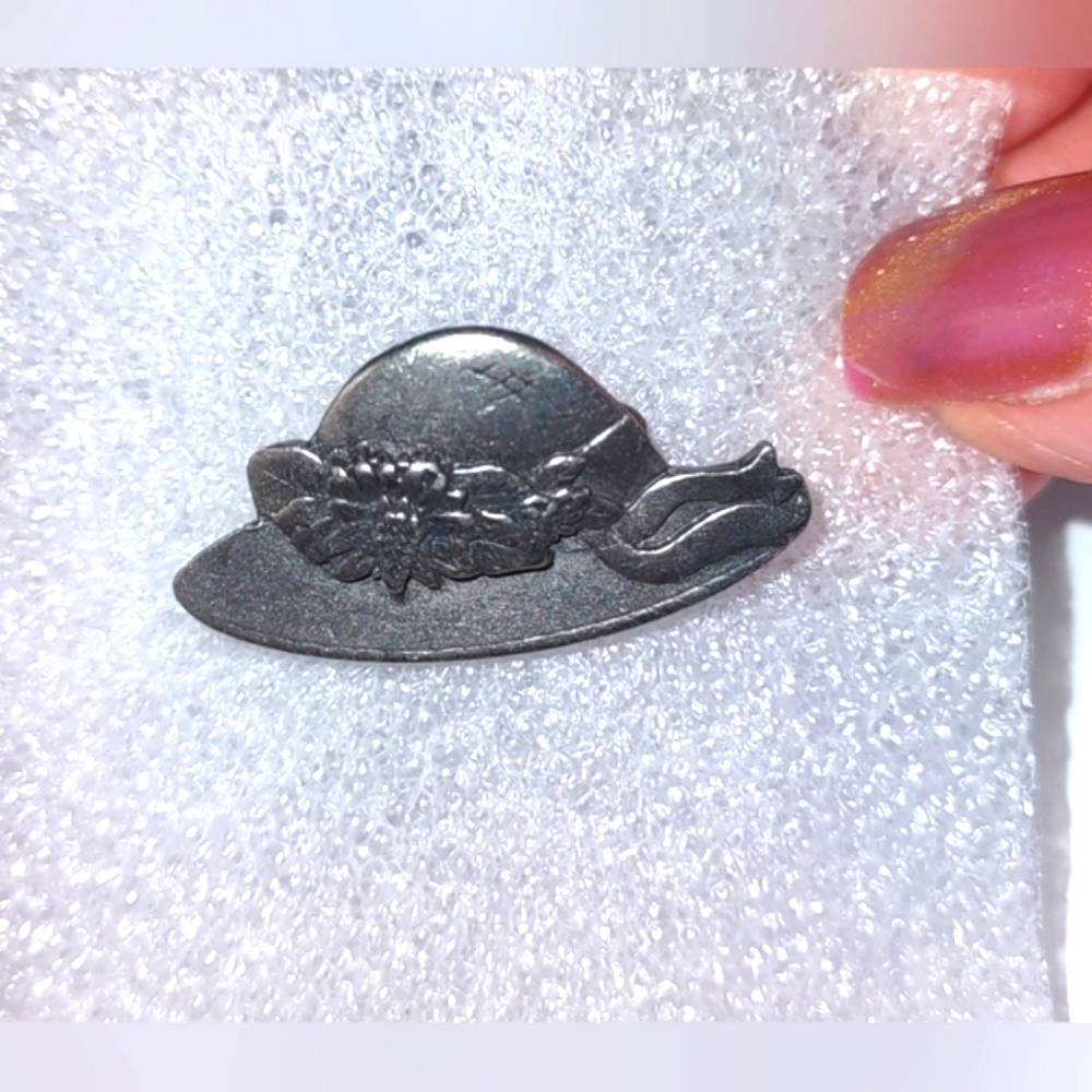 Signed Birds & Blooms Pewter Hat Brooch